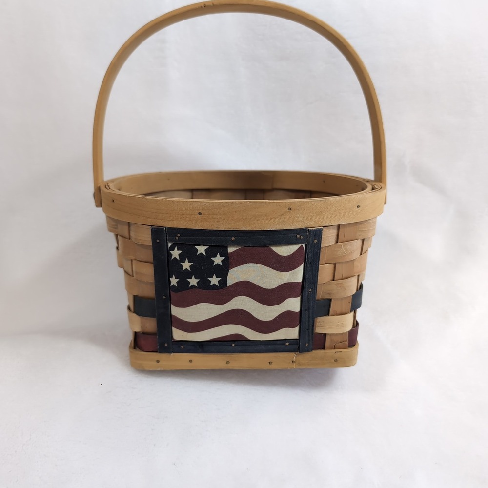 Vintage Americana Woven Wood Basket w/ Plush‎ American Flag Fabric Patriotic 4oJ
